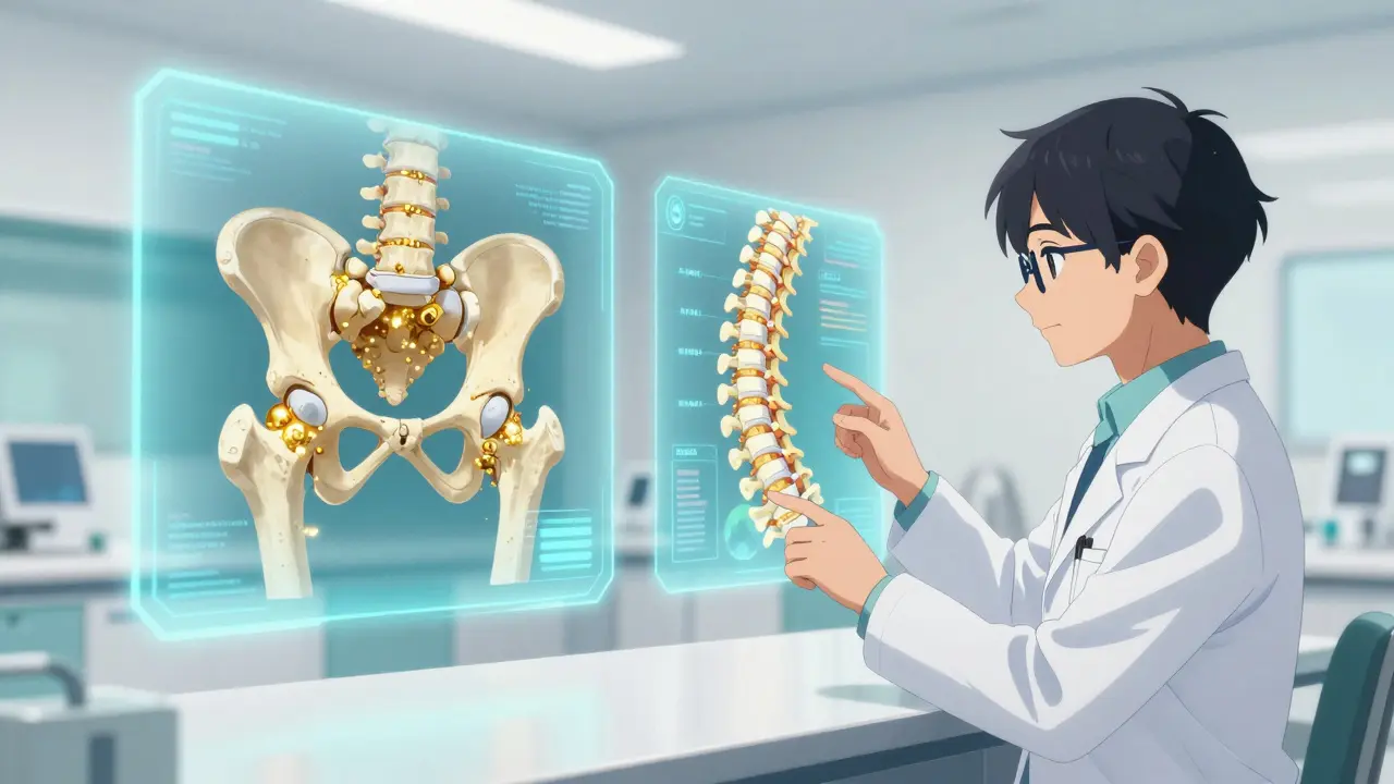 Anime doctor analyzing holographic displays of a strengthening hip and spine.