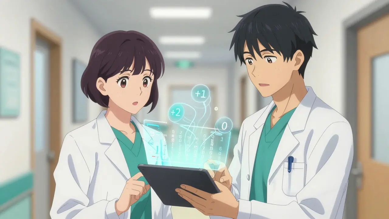 Anime doctor and pharmacist reviewing a holographic Naranjo Scale scoring system on a tablet.