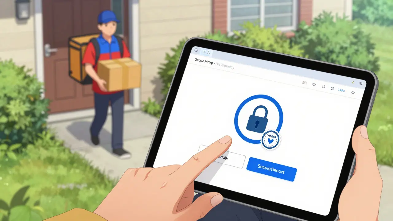 Anime hand using a secure pharmacy website with a delivery person in the background