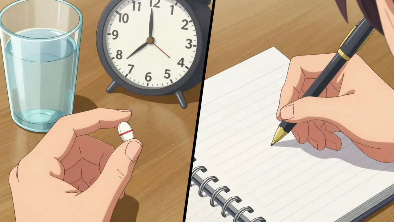 Anime illustration of a person scheduling medication and taking notes on a timeline