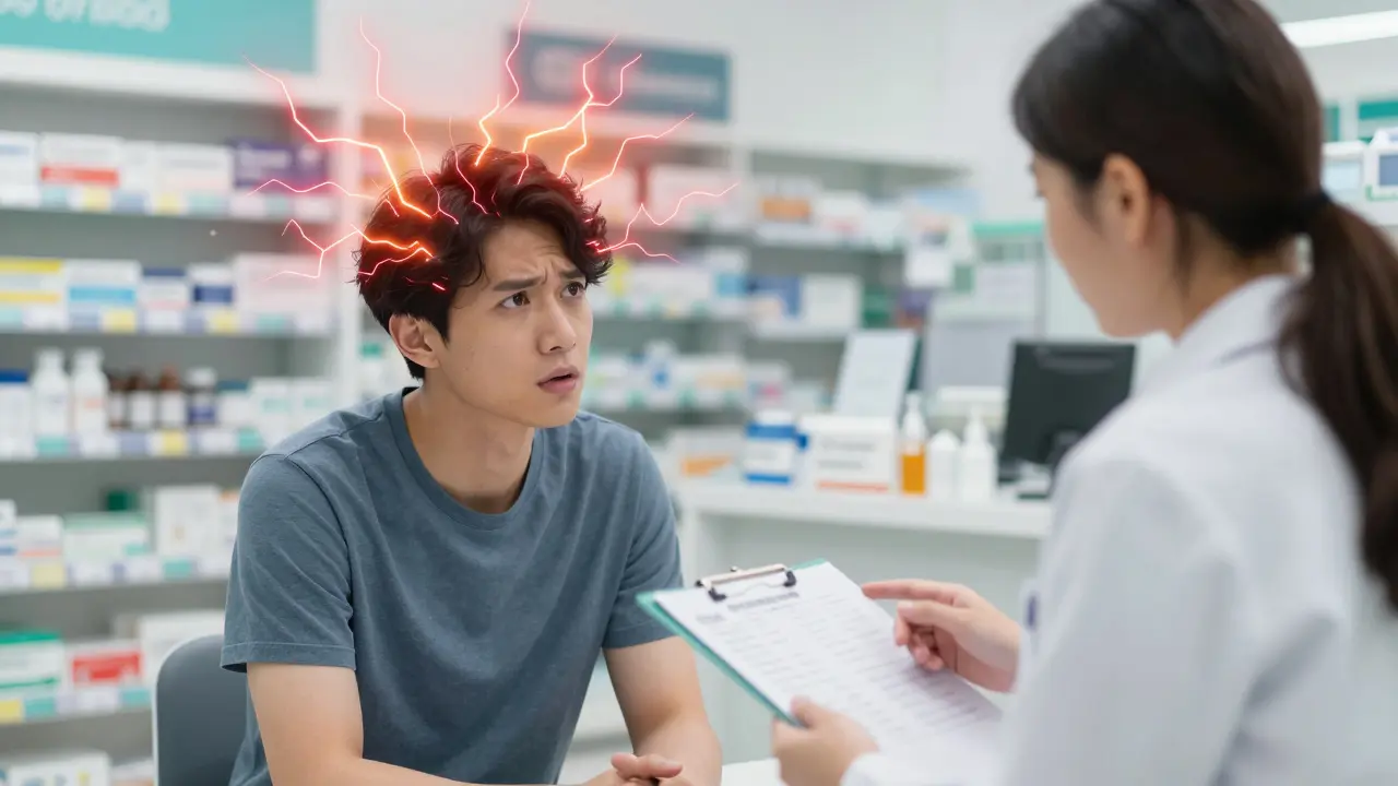 Anime scene of a concerned patient consulting with a pharmacist about medication risks.