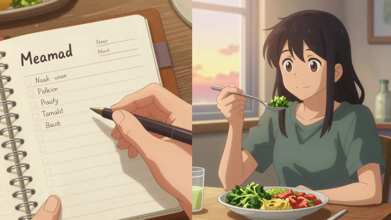 Anime split-screen showing a food diary and a healthy meal