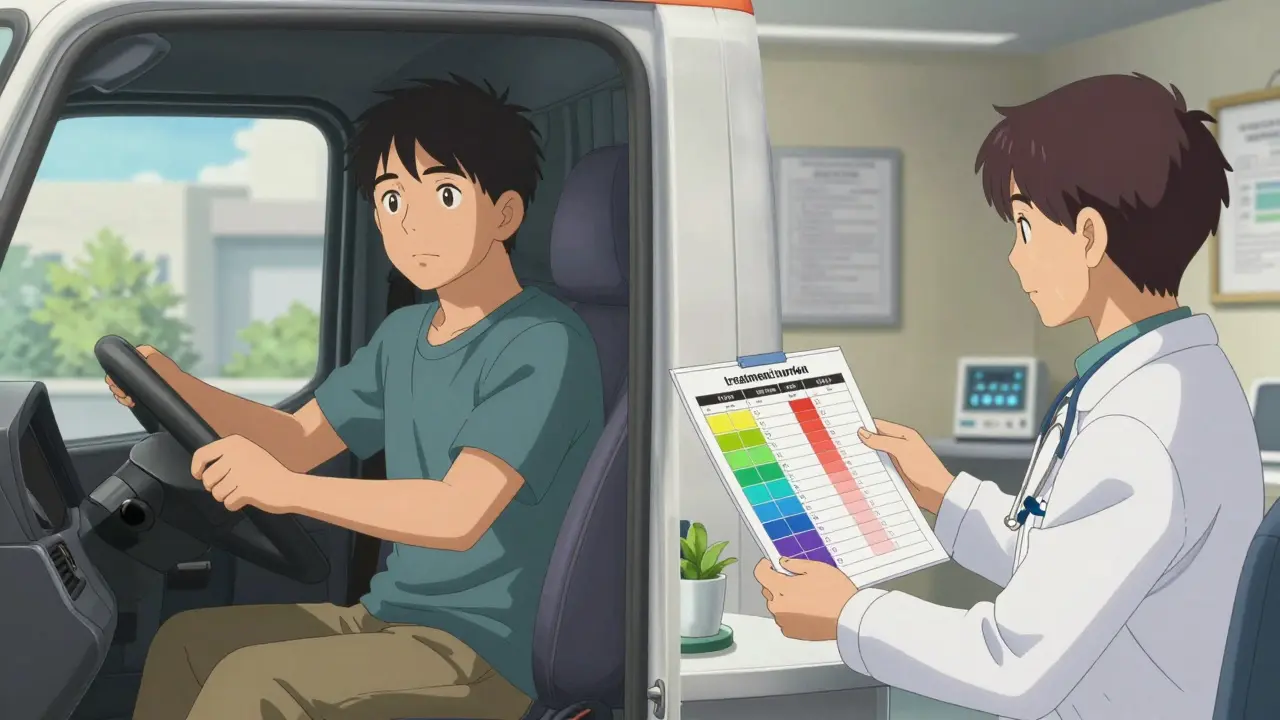Anime split-screen showing a truck driver's life and a clinical consultation regarding medication side effects.