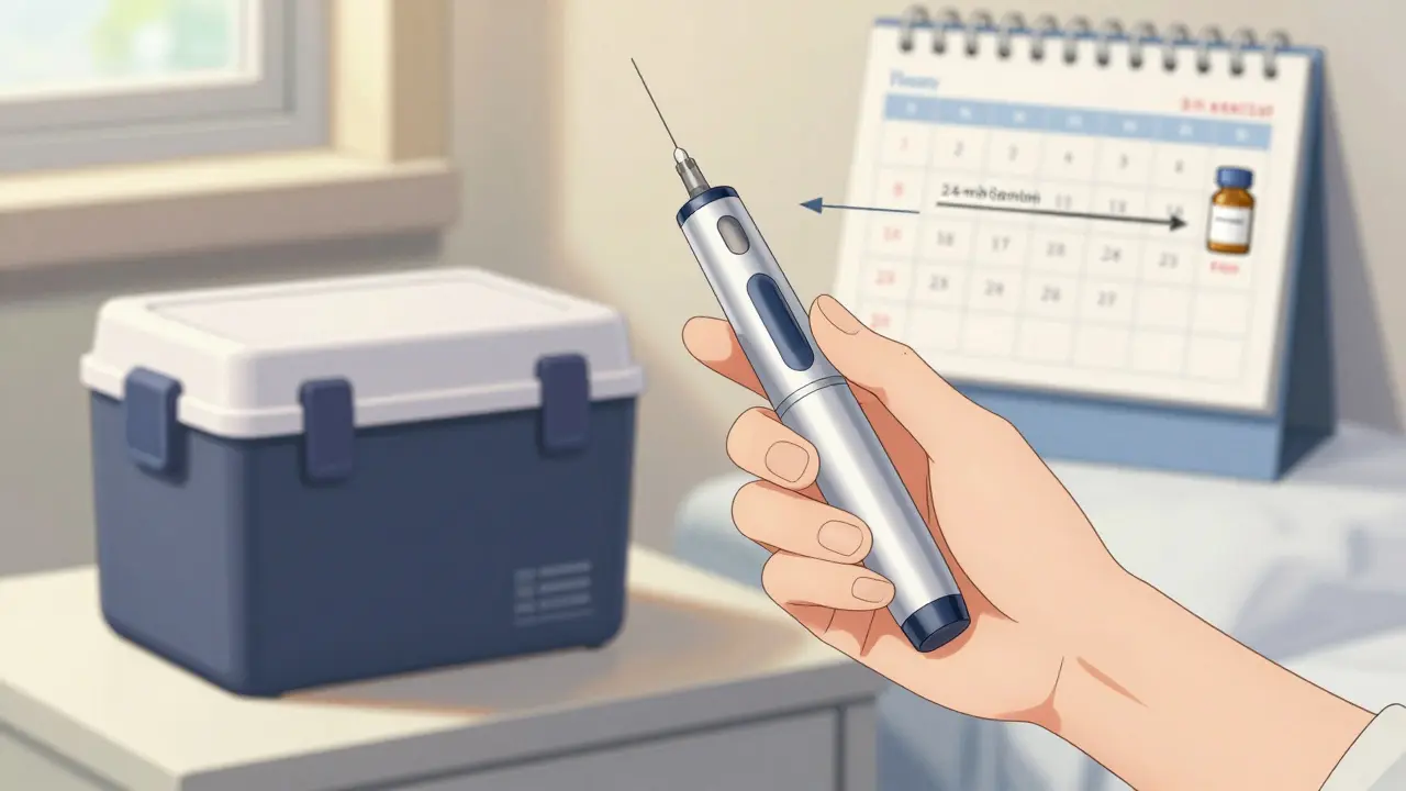 Anime style close-up of a medical injection pen and a portable cooler on a table.