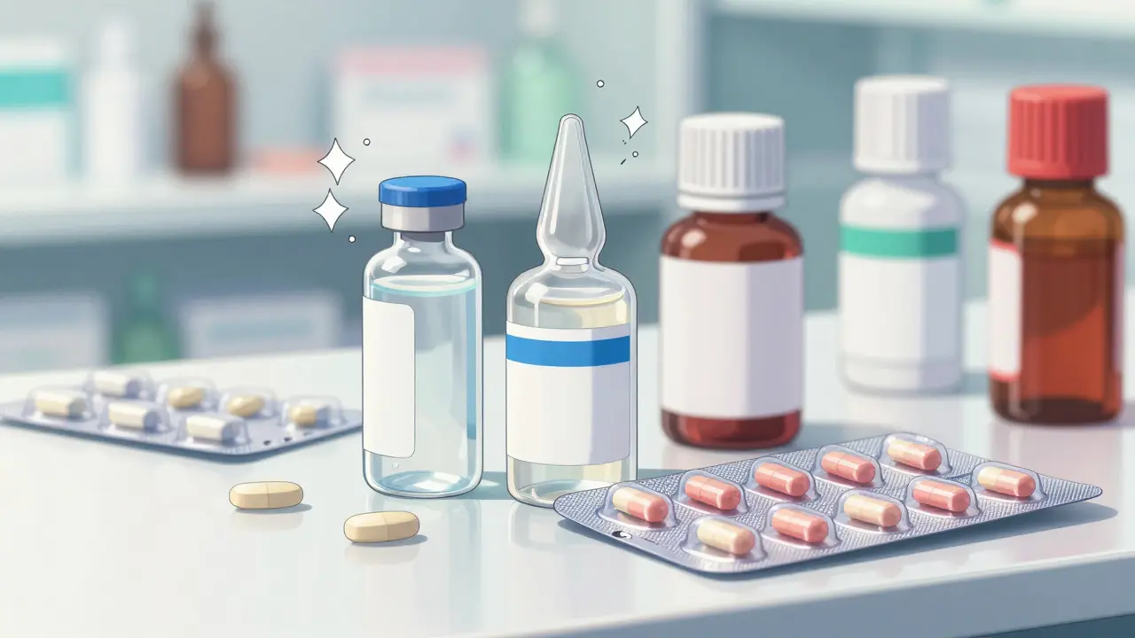 Anime style close-up of liquid gel and tablet medication on a white surface