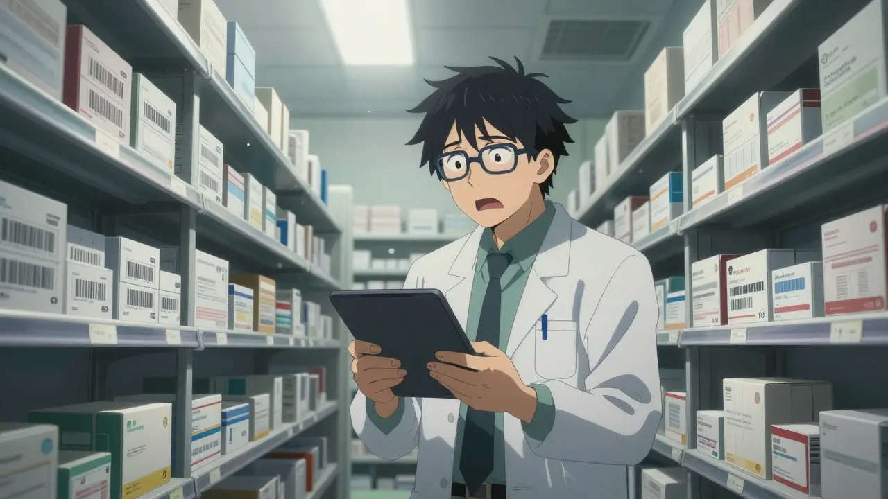Anime style depiction of a stressed pharmacist in a large warehouse searching for recalled drugs
