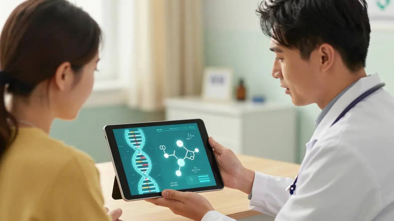 Anime style doctor and patient discussing personalized medicine and genetic testing