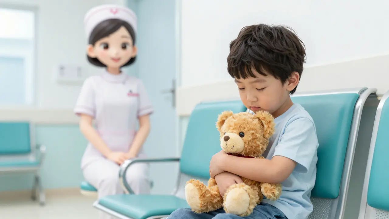Calm child holding a teddy bear in a hospital waiting room in anime style