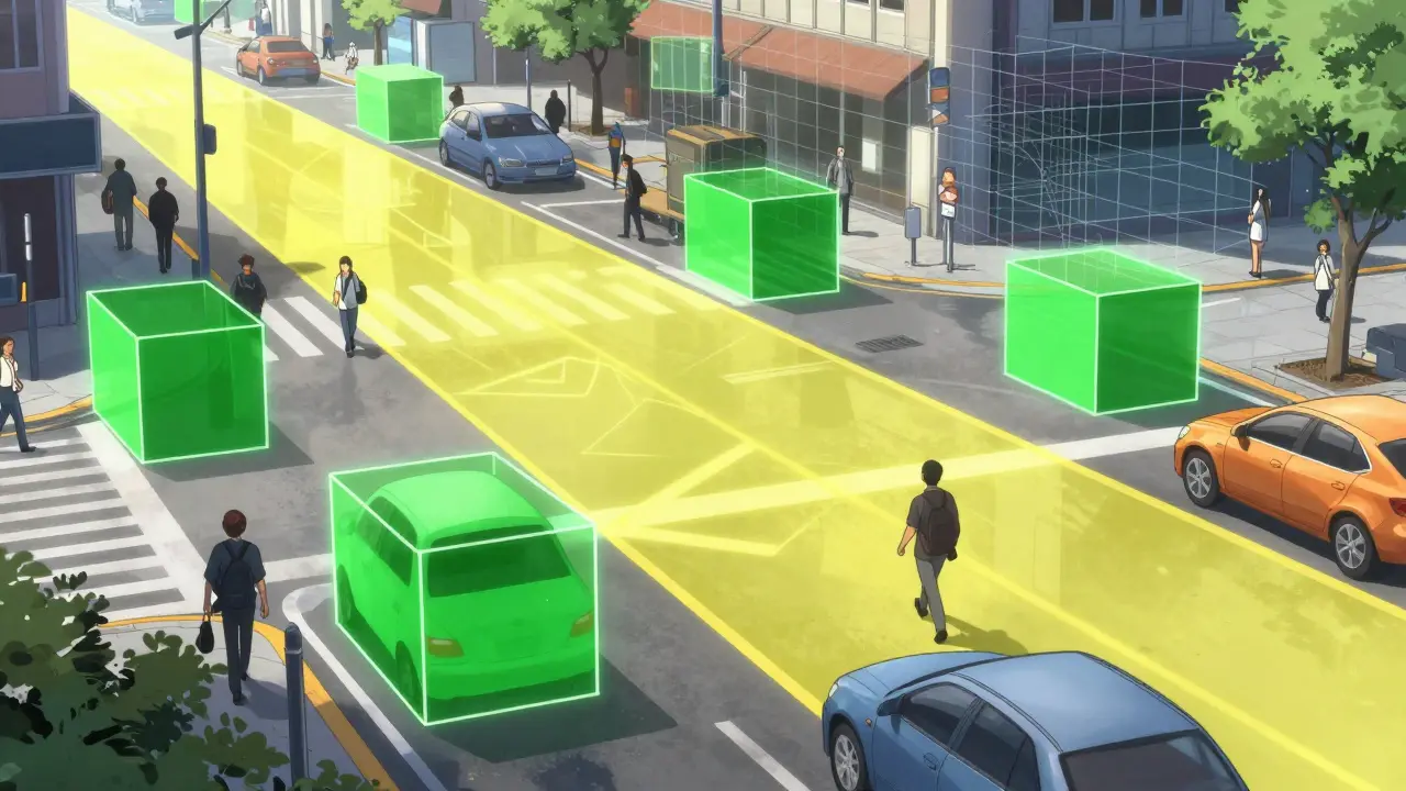 Close-up of digital object recognition showing misaligned bounding boxes over street scene.