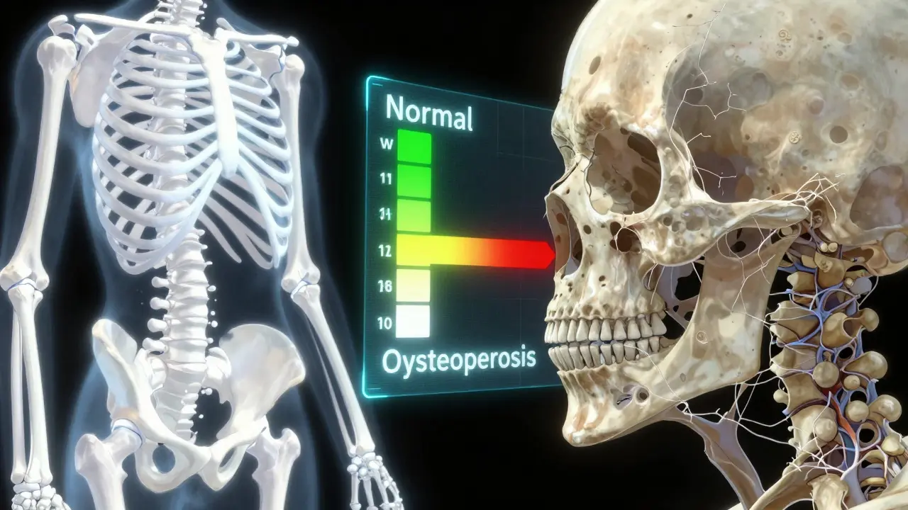 Comparison of healthy and porous bone structures with a T-score scale, anime style.