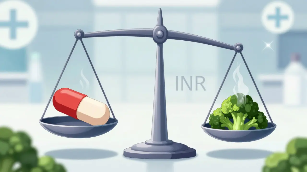 Conceptual anime balance scale with a pill and broccoli