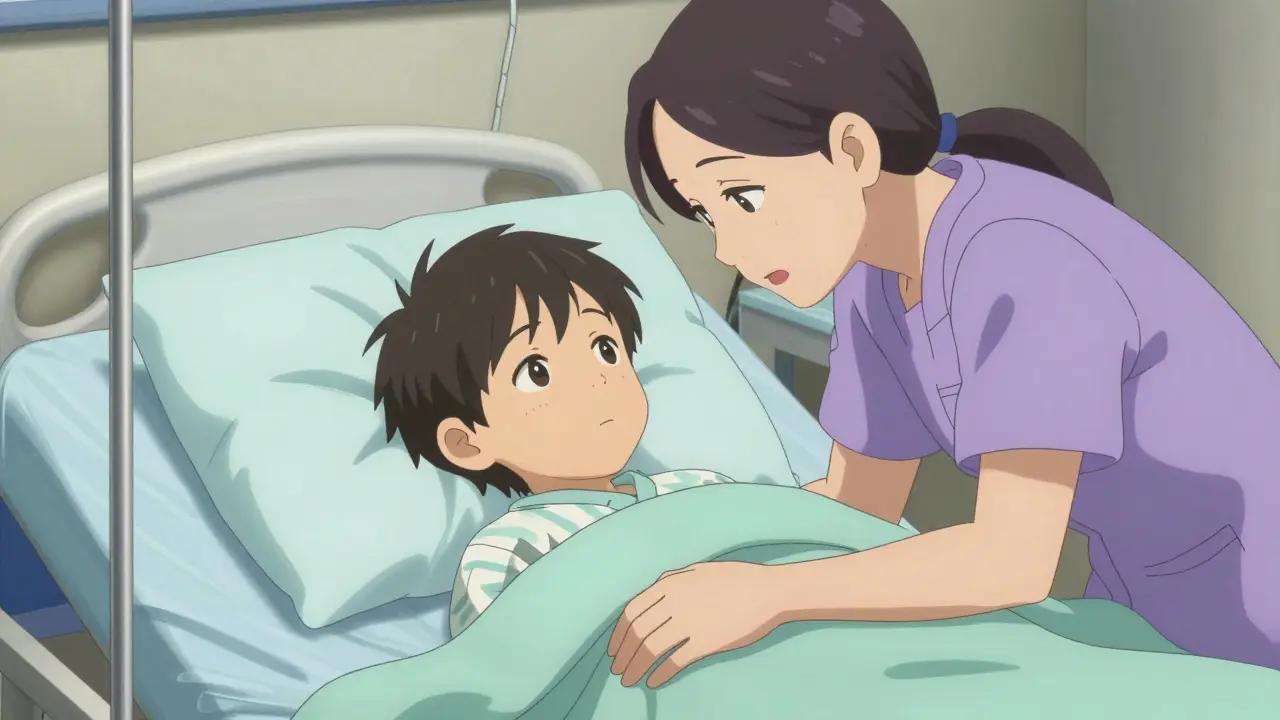 Parent comforting a waking child in a recovery room in anime style