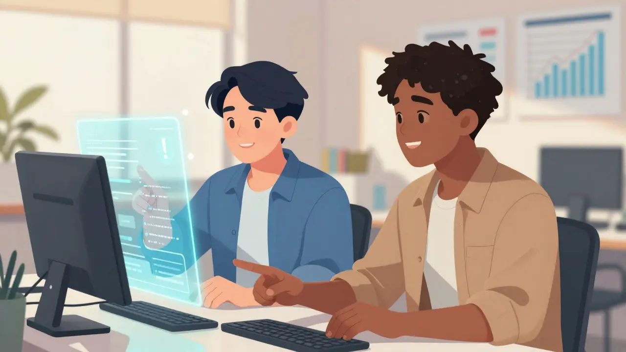 Team members reviewing AI data corrections on holographic panels in bright office setting.