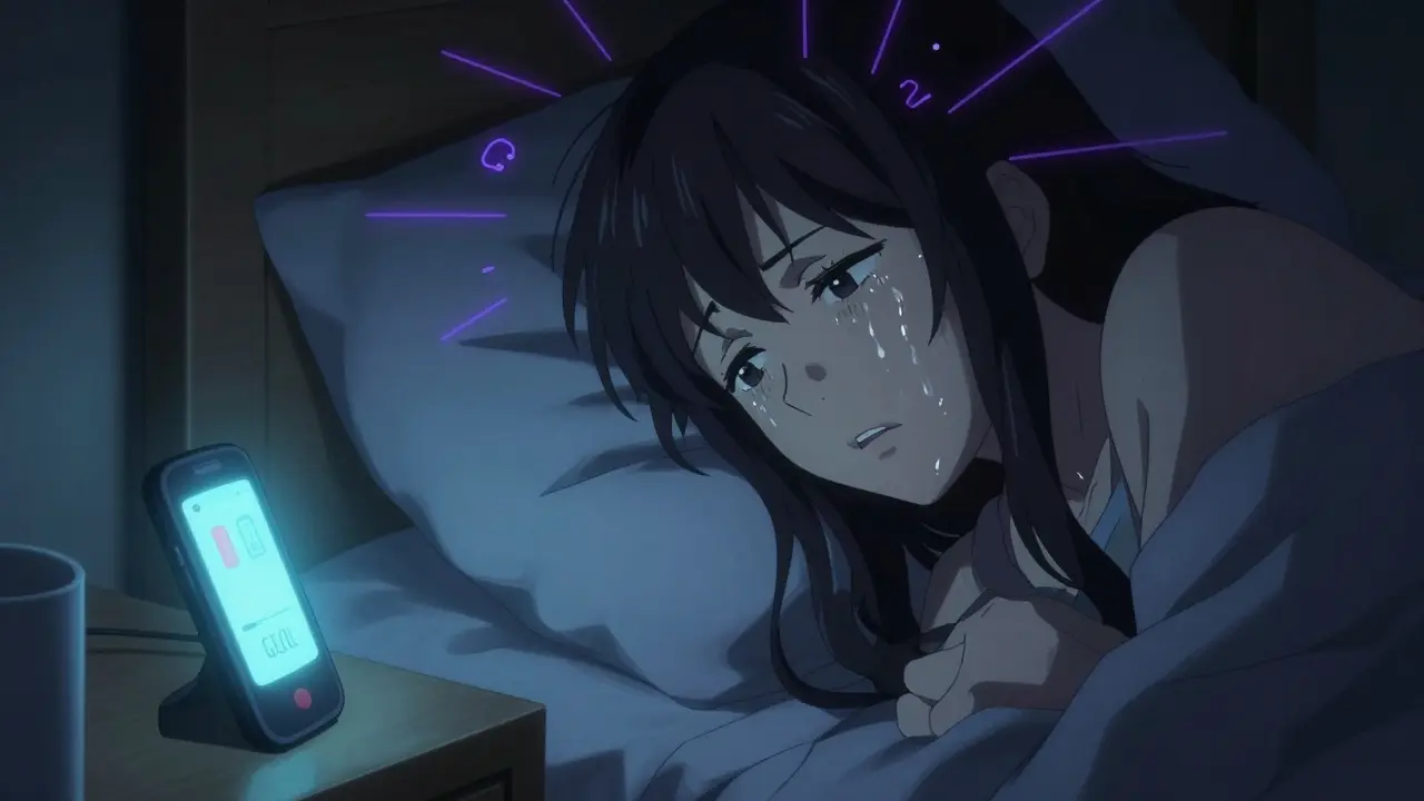 Anime character experiencing hypoglycemia symptoms with a glowing CGM alert nearby.