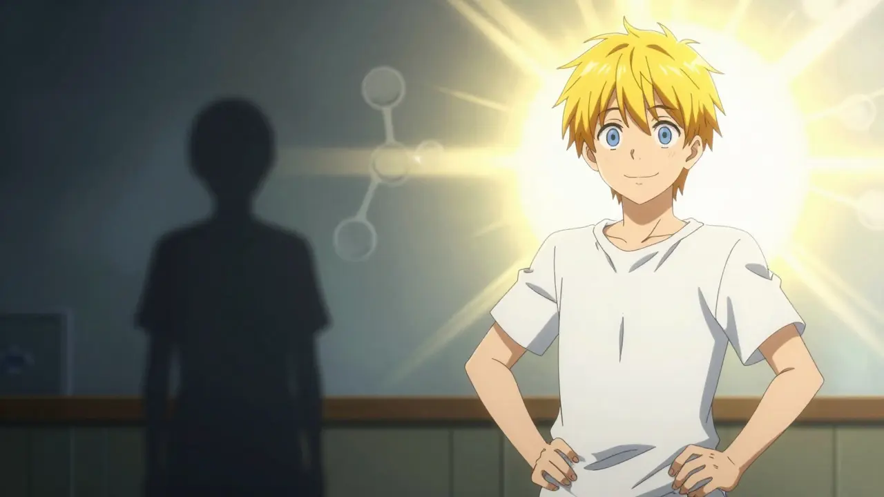 Anime character transitioning from sick in shadows to healthy in sunlight