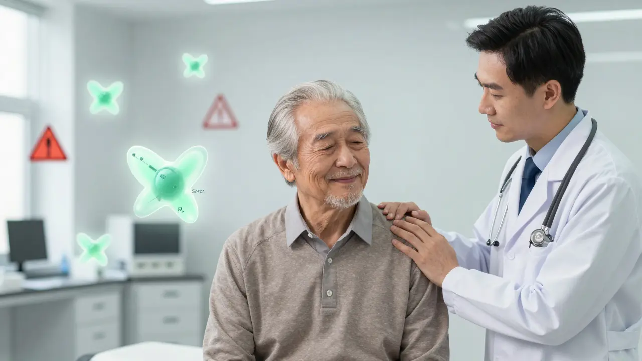 Anime doctor comforting patient with floating green healing molecules