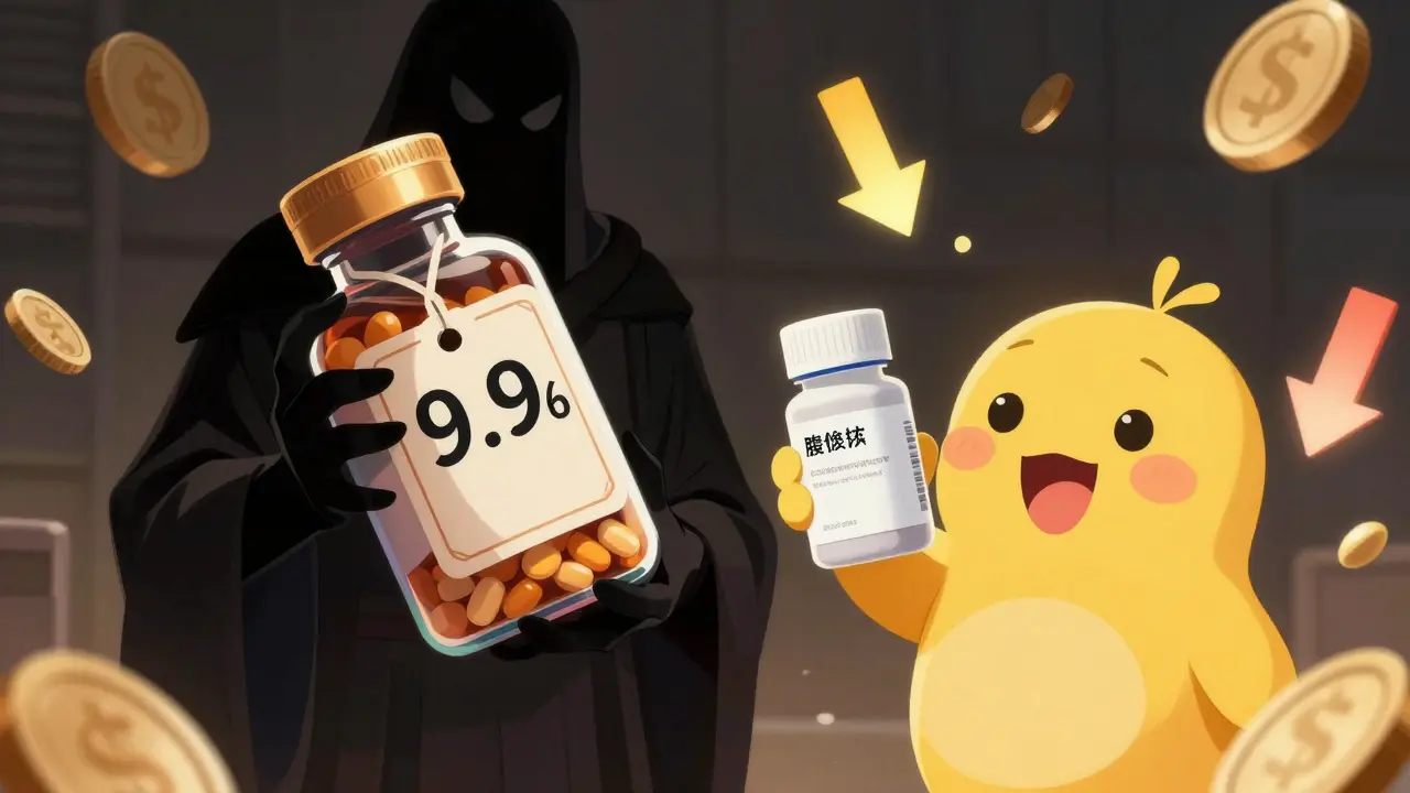 Anime illustration comparing expensive brand vs cheap generic pills