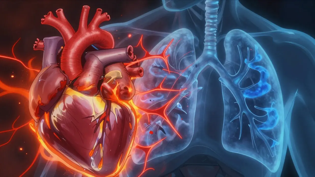 Anime illustration showing heart and lungs under stress from conflicting drug effects.