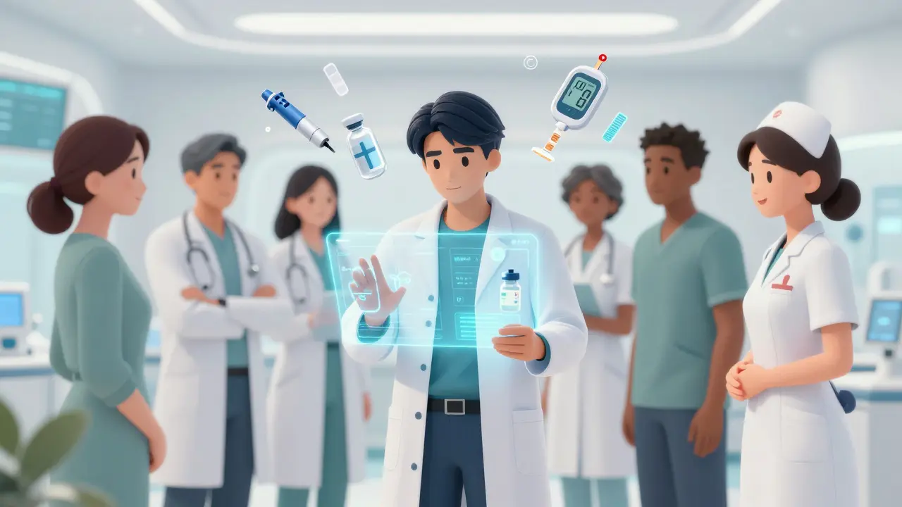Anime scene of patients using tech and AI tools for easier insulin management.