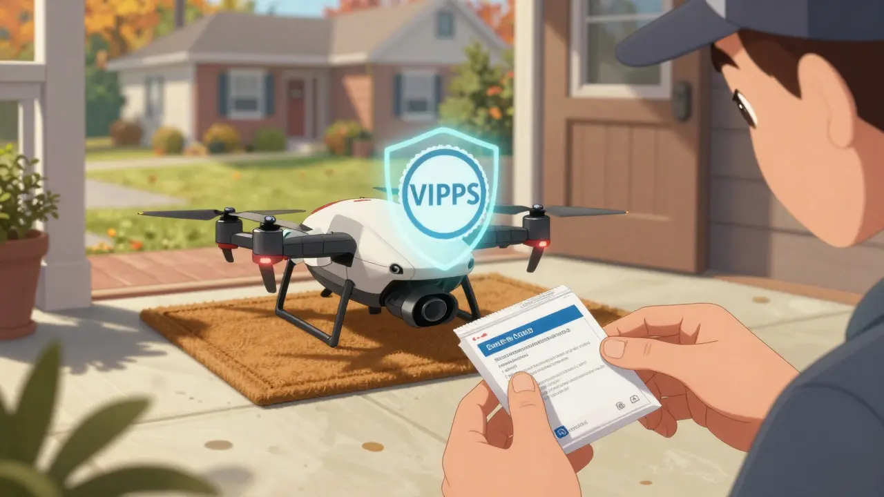 Anime scene showing safe medication delivery and package inspection at home.