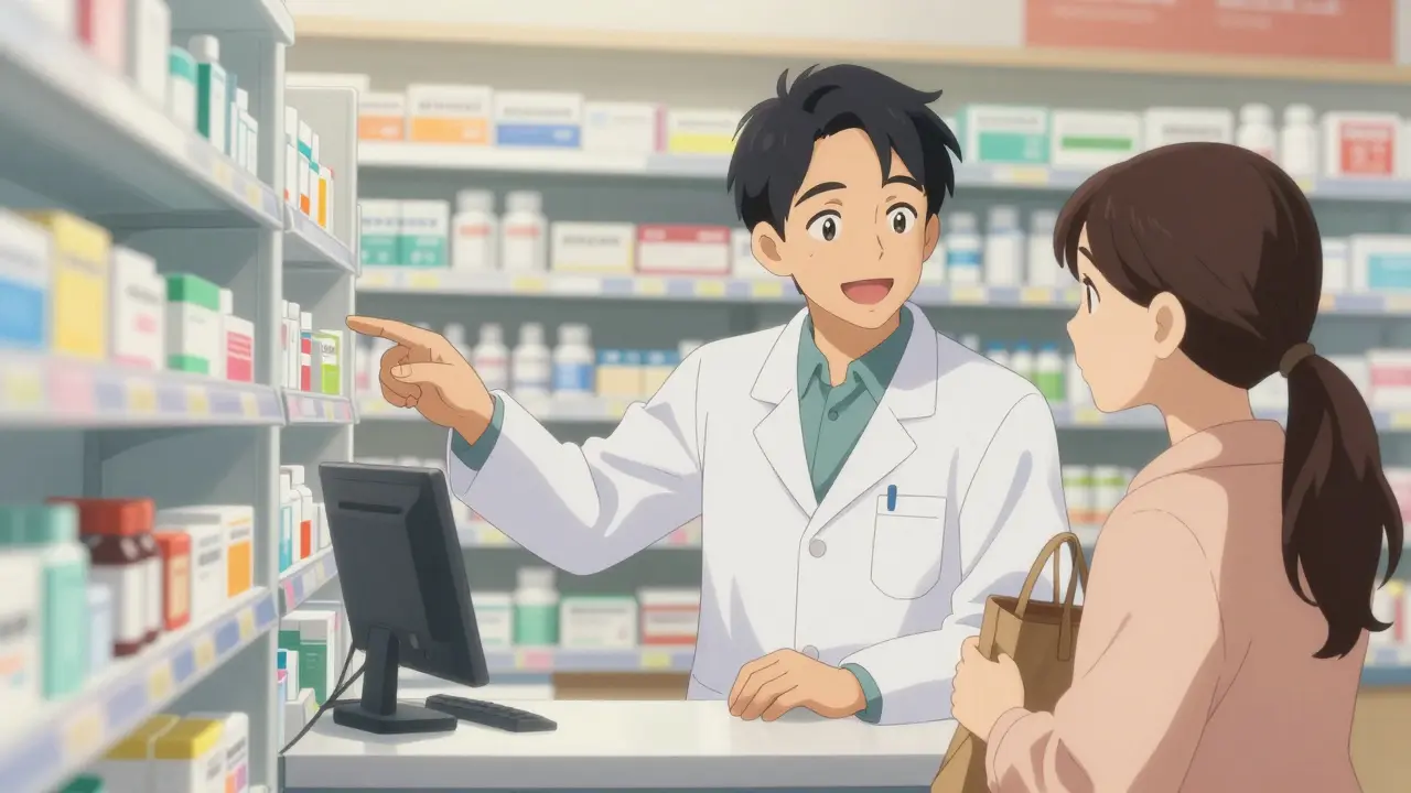 Anime-style patient discussing medication options with a friendly pharmacist.