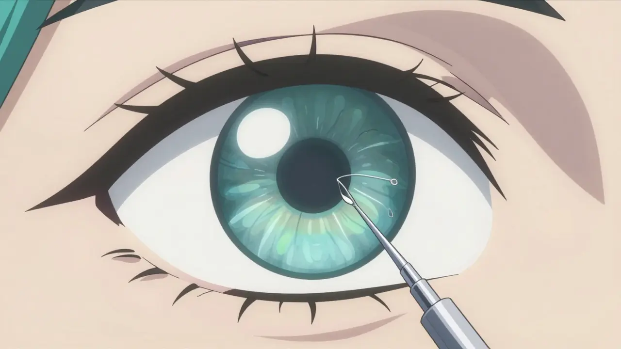 Close-up anime view of micro-stent insertion into a human eye