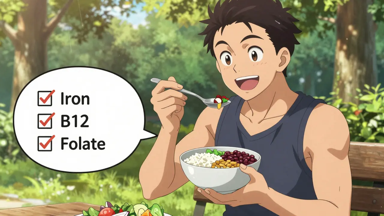 Happy anime character eating healthy gluten-free meal outdoors