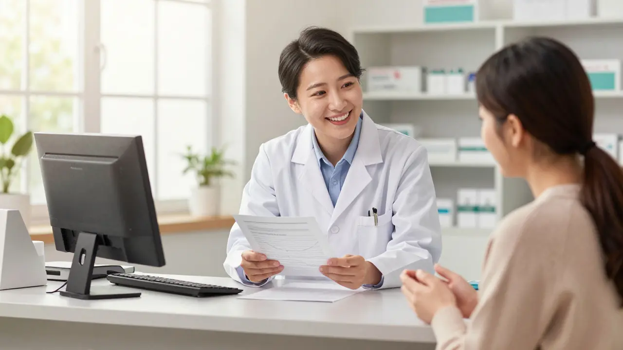 Pharmacist reassuring a patient about generic drugs in an anime style