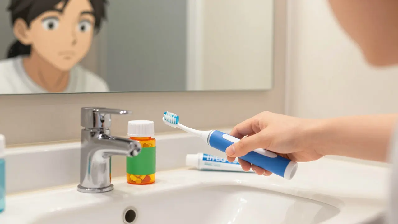 Pill bottle next to toothbrush illustrating habit stacking technique