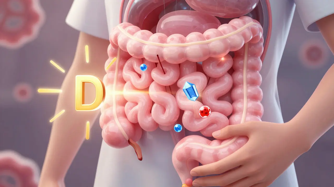 Stylized anime art of healing gut lining absorbing nutrients