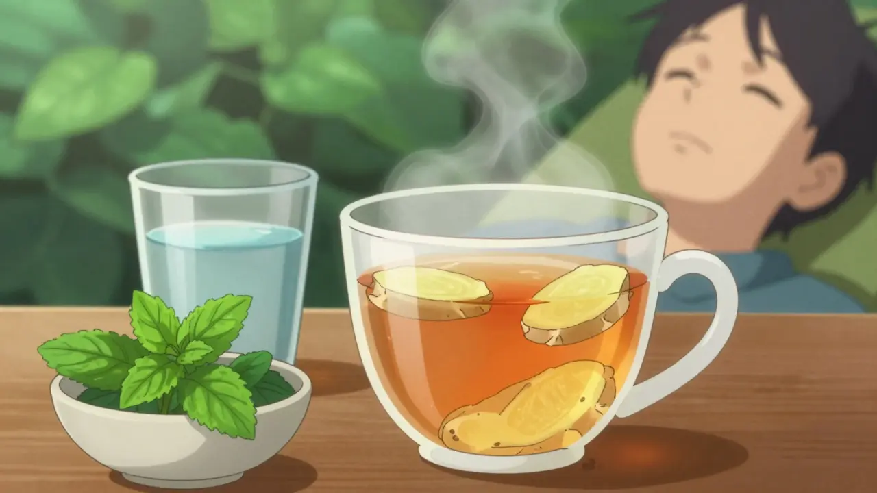 Warm anime scene showing ginger tea and peppermint as nausea remedies
