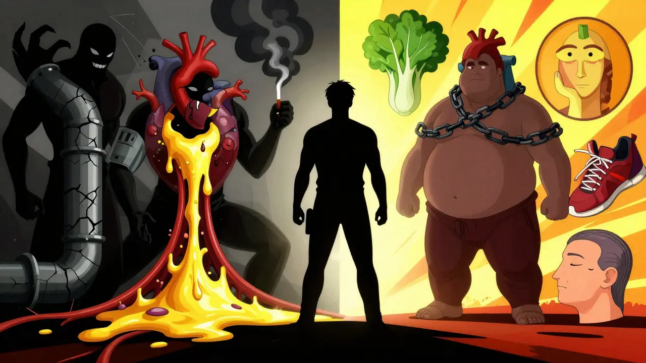 Anime character facing shadowy risk factors vs bright healthy habits
