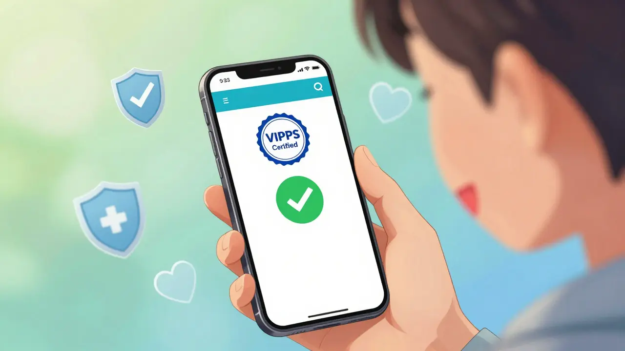 Anime character holding phone with verified safe prescription seal.