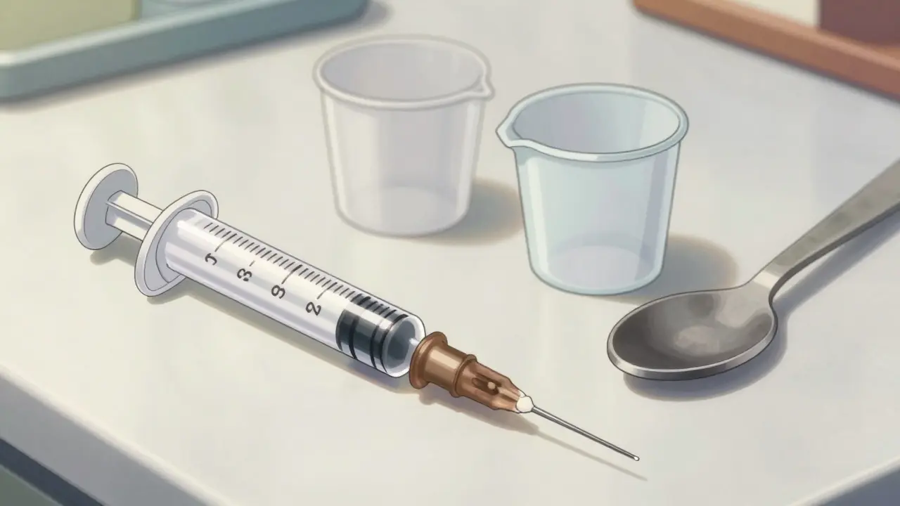 Anime comparison of syringe, cup, and spoon for medicine