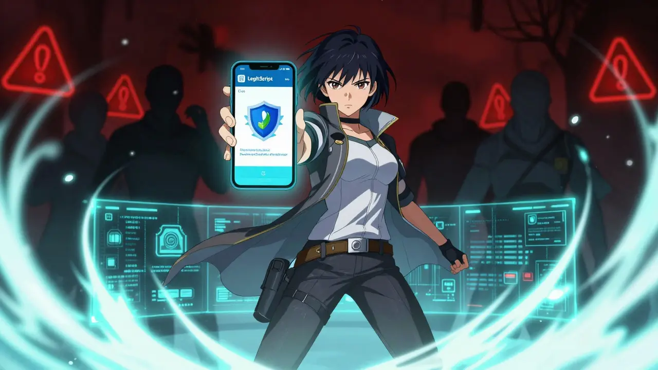 Anime girl blocking scam threats with a smartphone showing a verified pharmacy security badge.
