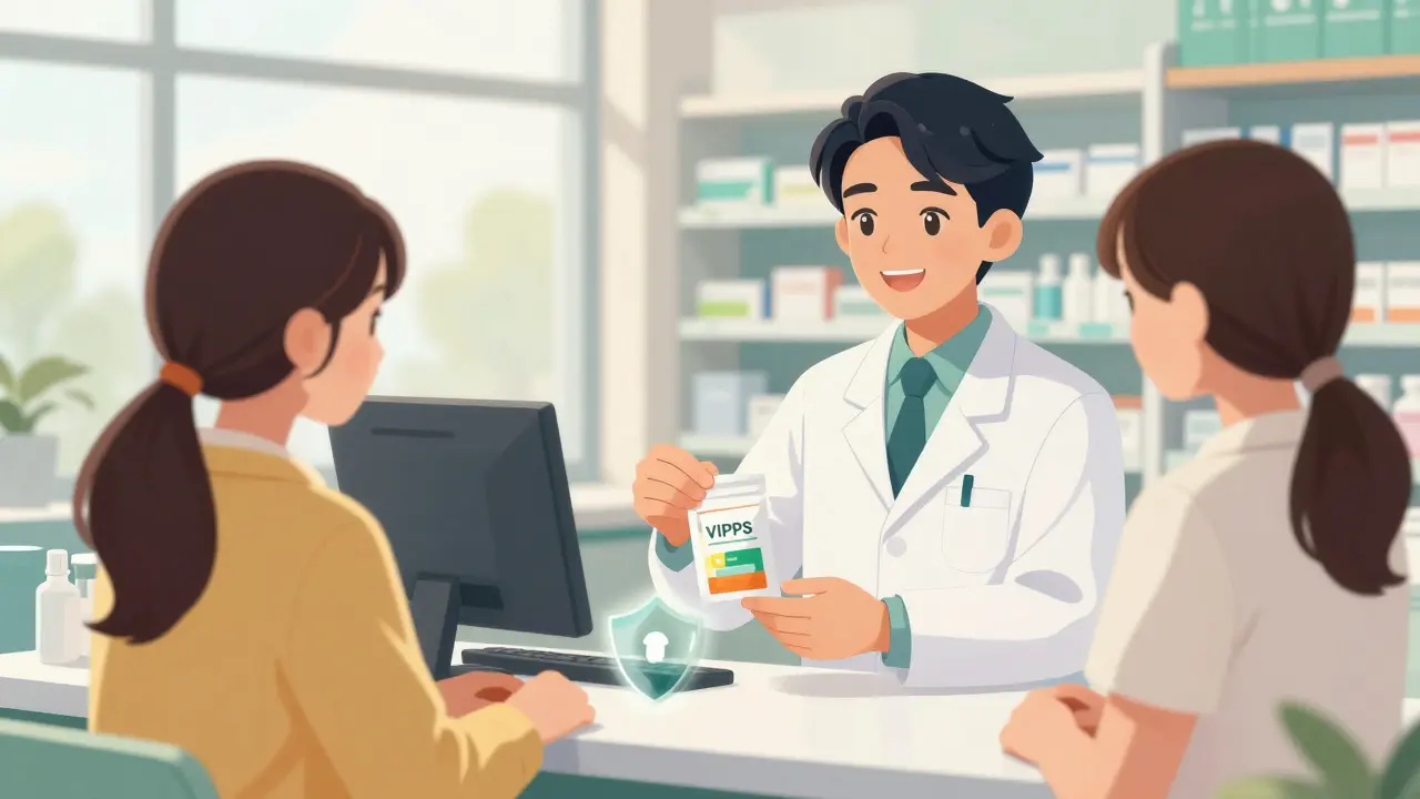 Anime pharmacist handing meds to relieved customer