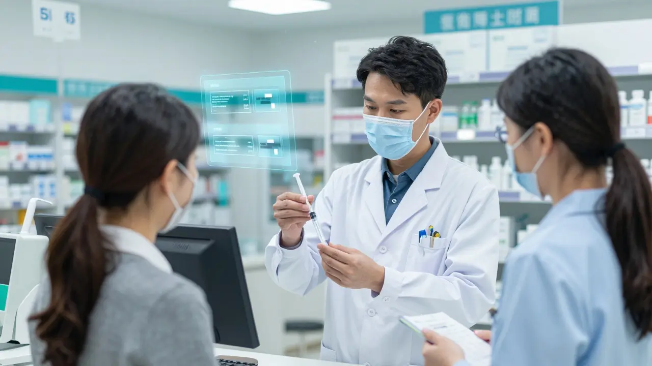 Anime pharmacist handing syringe to parent in modern clinic