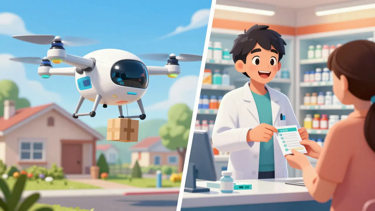 Anime scene showing drug delivery drone and pharmacy pickup options.