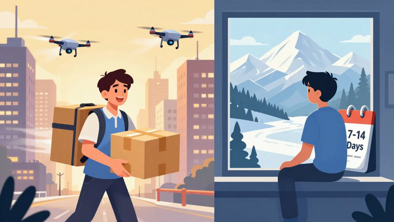 Anime split-screen comparing fast US delivery with slower but cheaper Canadian shipping options.
