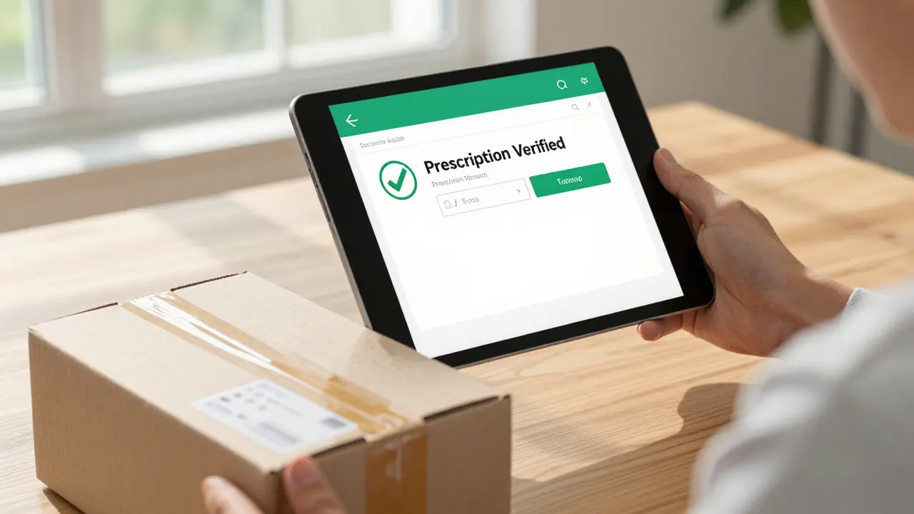 Anime style hand holding tablet showing verified prescription with shipping box nearby