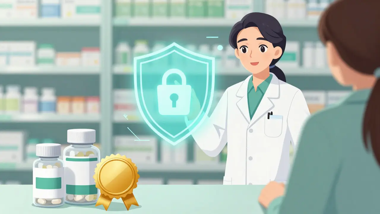 Anime style illustration of safe online pharmacy with security shield and pills