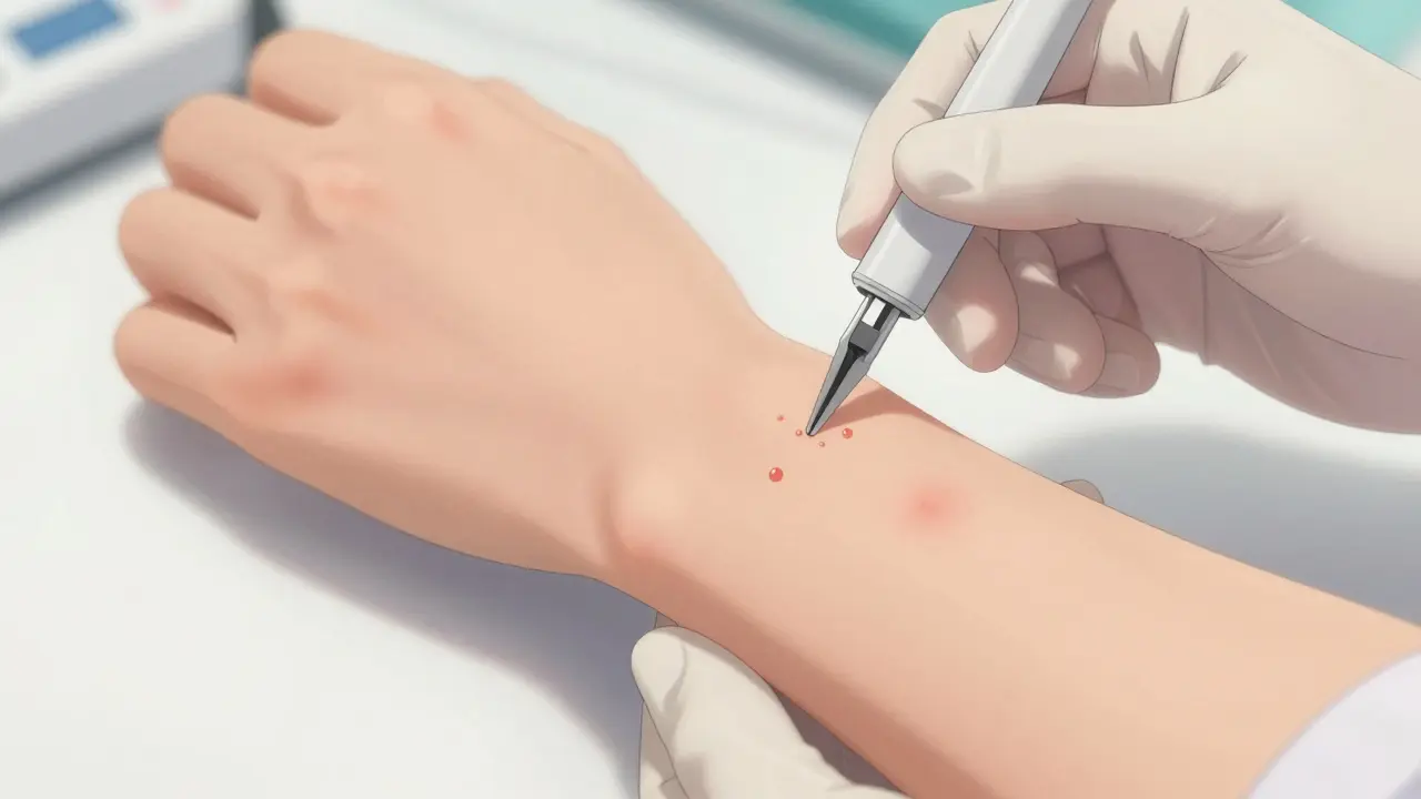 Close-up anime view of a doctor performing a skin prick allergy test on a patient's arm.
