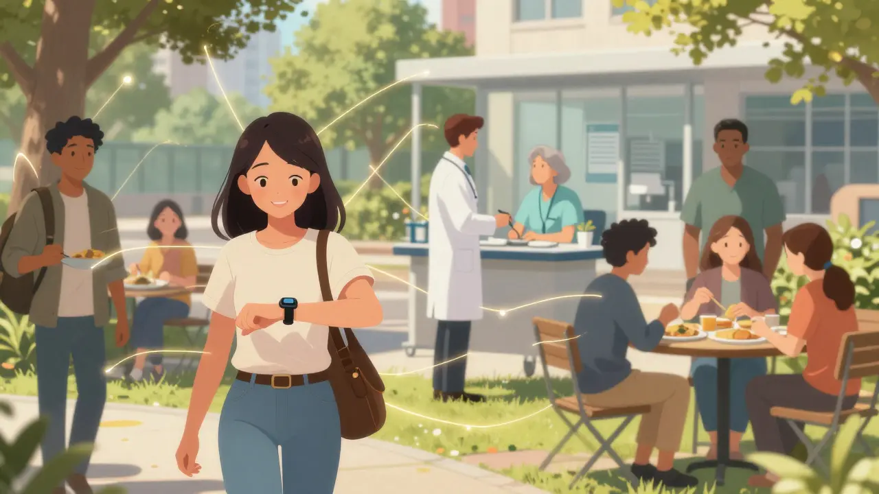 Diverse anime characters connected by light in a healthy urban community