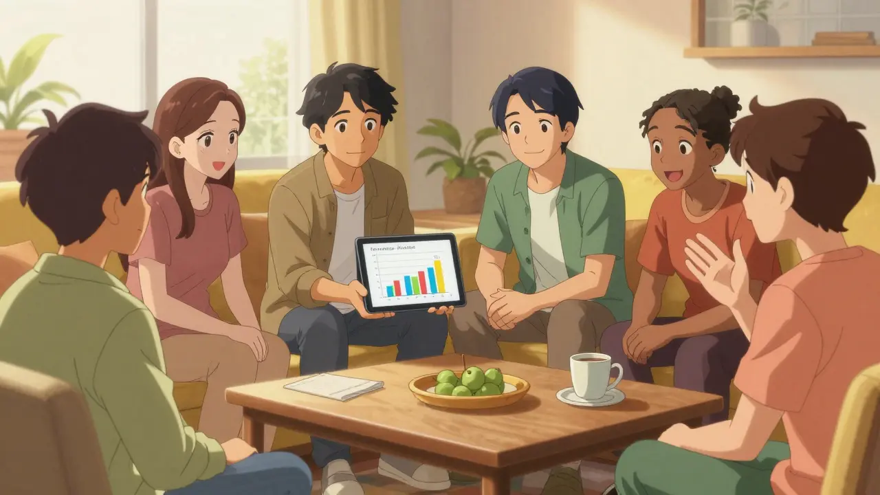 Friends discussing affordable medication options in warm anime style
