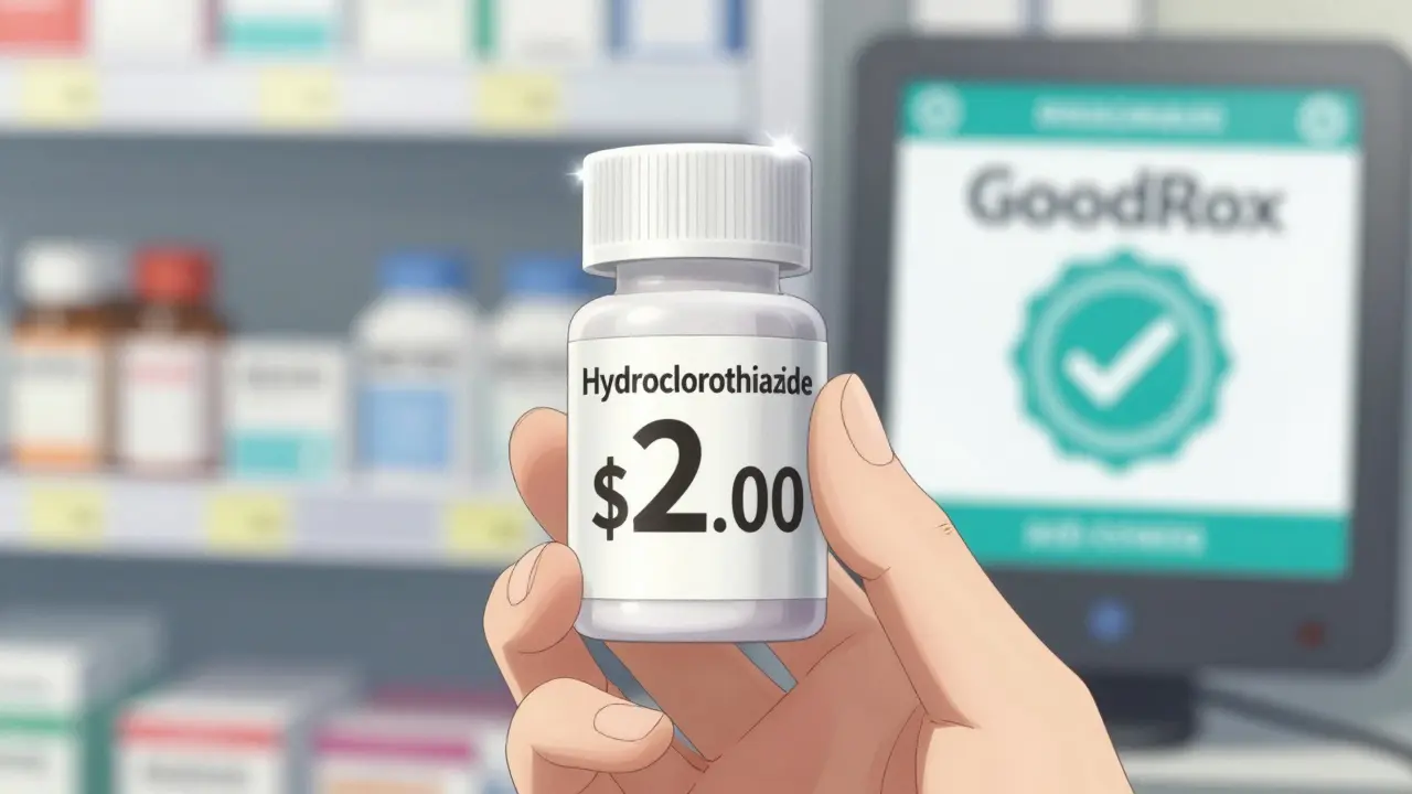Hand holding cheap generic medication bottle with coupon
