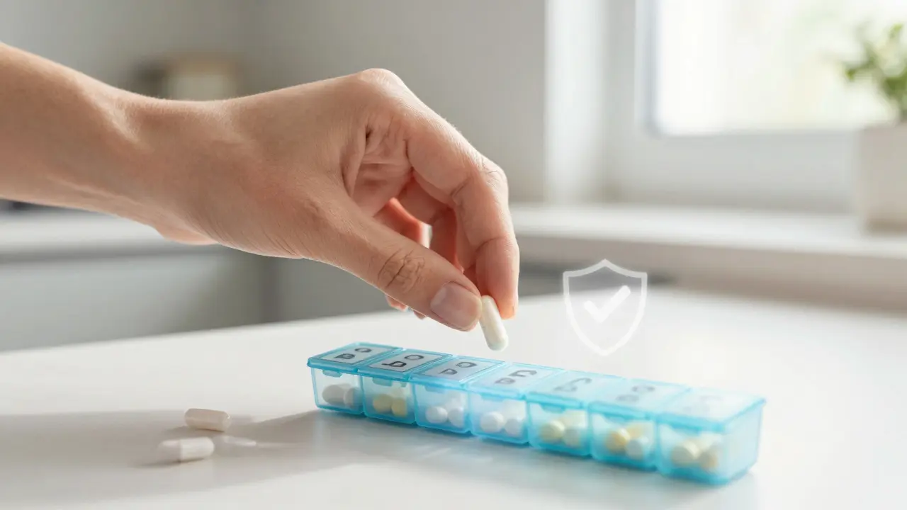 Hand placing generic pill in organizer, symbolizing safe access