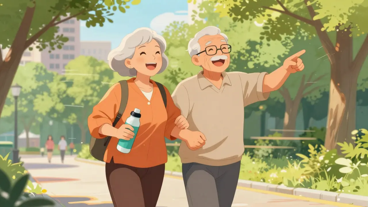 Happy anime couple walking in a park, symbolizing pain relief and mobility