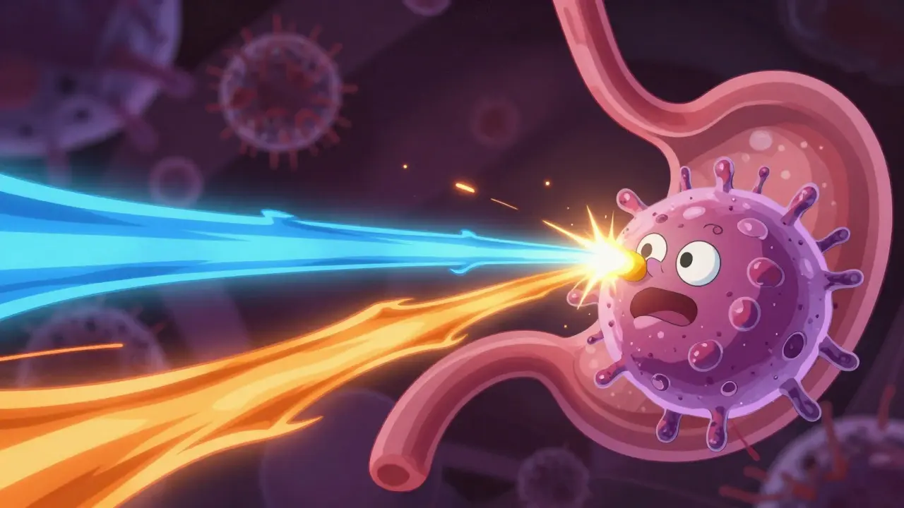 Two drug energies merging to defeat a bacteria cell