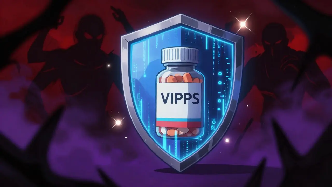 Anime art showing digital shield protecting medicine bottle from scam threats