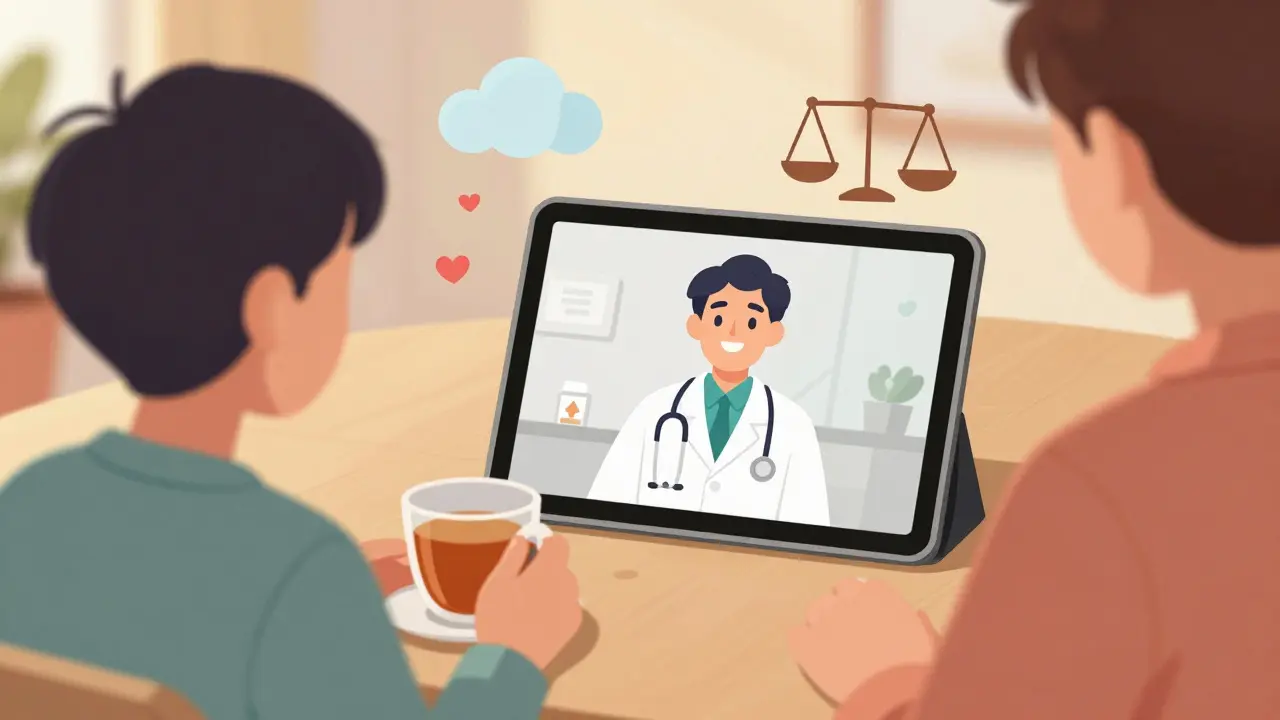 Anime character doing telehealth video call for prescription